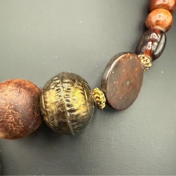 Vintage Handcrafted Carved Camel Bones with Brass Inlayed Wooden Beaded Necklace - Picture 6 of 17